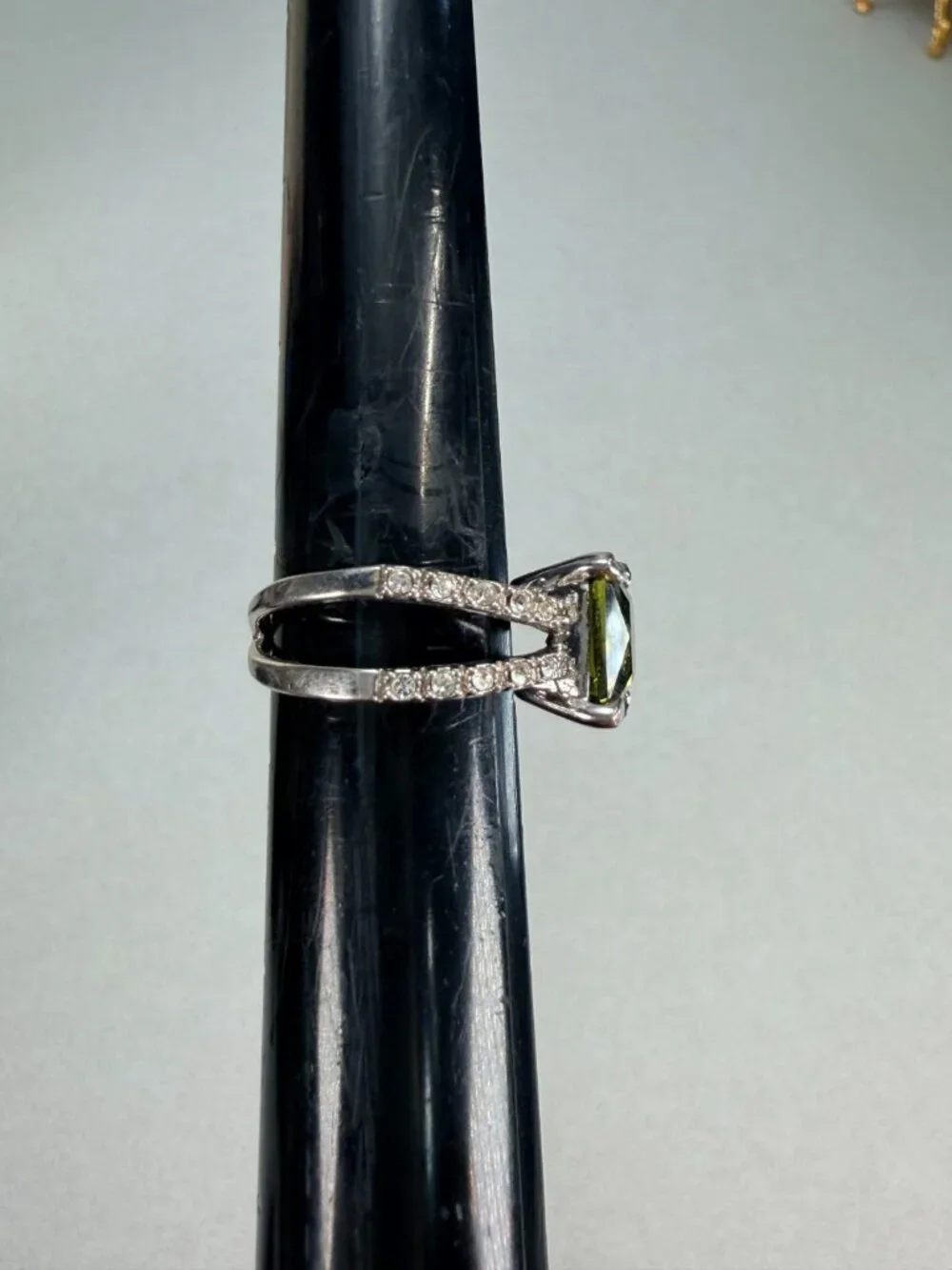 Huge Olive Green Princess Cut Statement Ring Pave CZ Silver Tone Size 7.5